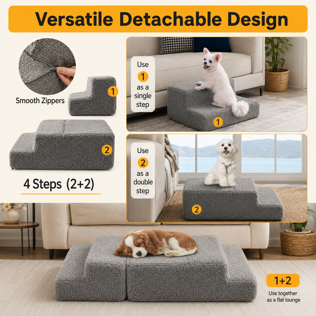Steadypaws Easy Steps — Low-Rise Foam Dog Stairs (4-Step, Washable Cover)