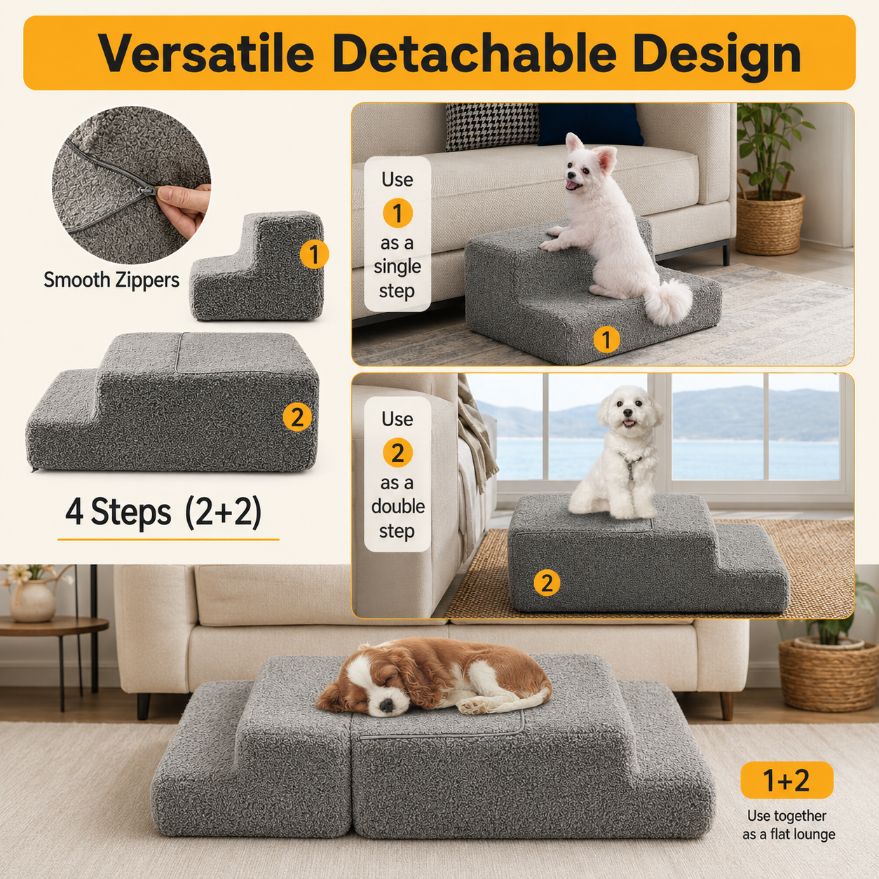 Steadypaws Easy Steps — Low-Rise Foam Dog Stairs (4-Step, Washable Cover)